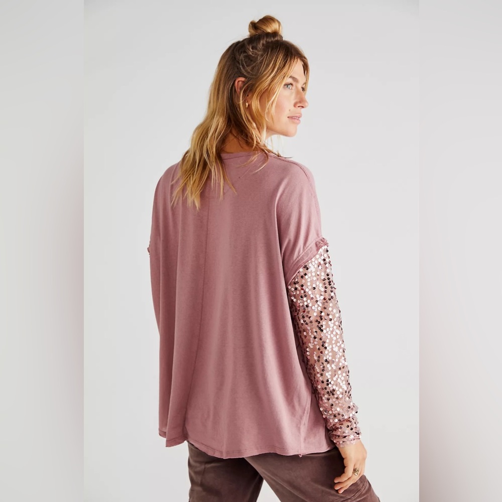Free People Mauve Sequin Sleeve Long Sleeve Tee - Picture 3 of 6